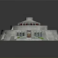 Cartoon Scene Featuring Circular Building With Dome Pools Green Plants Red Door And Steps