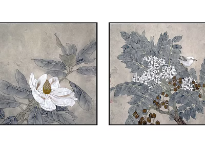 Two Panel Botanical Paintings With White Flowers Green Leaves Bird And Berries 3d model
