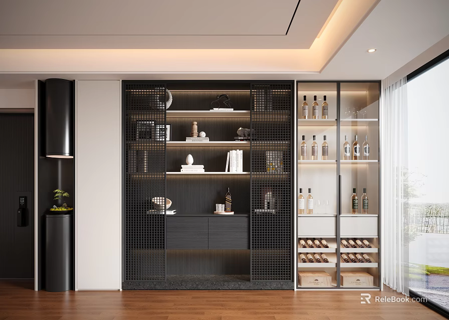 Modern Decorative Cabinet With Metal Frame Glass Doors Showcasing Tableware Wine Bottles And Books 3d model 