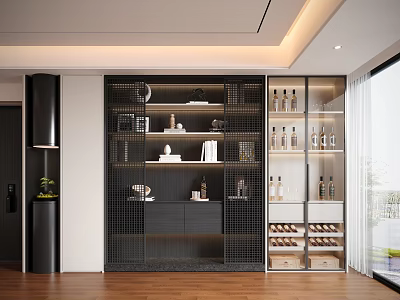 Modern Decorative Cabinet With Metal Frame Glass Doors Showcasing Tableware Wine Bottles And Books 3d model