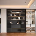 Modern Decorative Cabinet With Metal Frame Glass Doors Showcasing Tableware Wine Bottles And Books