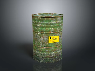 Green Rusty Metal Drum With Yellow Hazardous Waste Label On Dark Surface 3d model