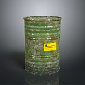 Green Rusty Metal Drum With Yellow Hazardous Waste Label On Dark Surface