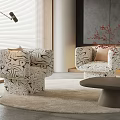 Modern Accent Chairs With Abstract Black White Pattern Rounded Design Light Colored Rug Floor Lamp