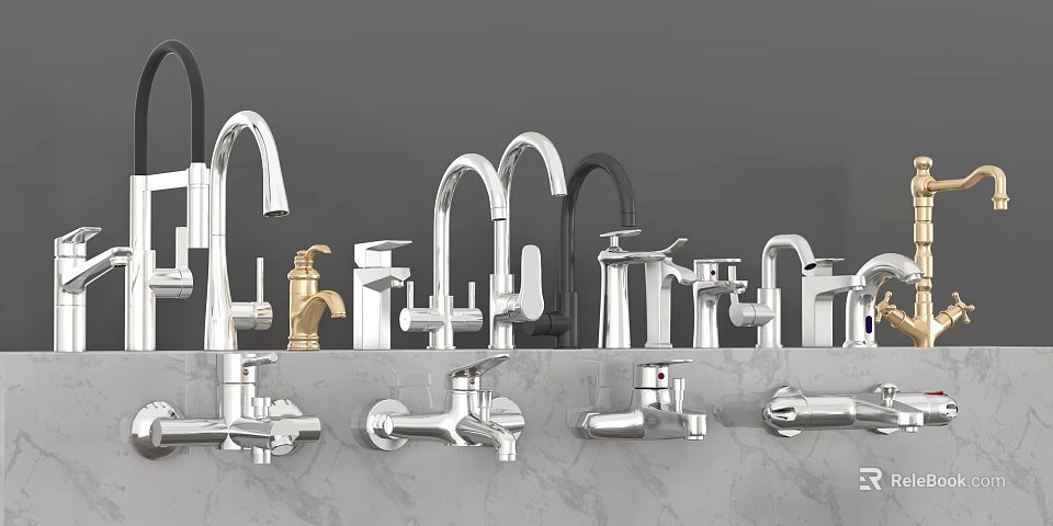 Various Styles of Modern Faucets Stainless Steel and Gold Finishes Showcased on Marble Countertop 3d model 