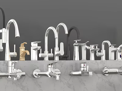Various Styles of Modern Faucets Stainless Steel and Gold Finishes Showcased on Marble Countertop 3d model