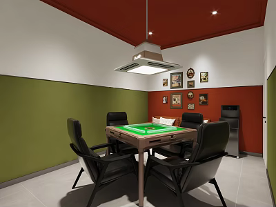Hotel Mahjong Room Featuring Green Tabletop Black Chairs Decorative Paintings Red Refrigerator And Ceiling Lamp 3d model