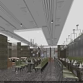 Elegant Restaurant Interior With Green Chairs Long Tables Pendant Lights Decorative Walls And Patterned Floors