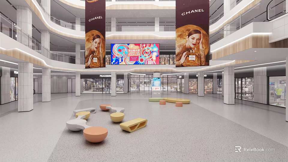 Modern Shopping Mall Lobby Interior With Chanel Banners Large Digital Screen And Colorful Seating 3d model 
