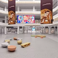 Modern Shopping Mall Lobby Interior With Chanel Banners Large Digital Screen And Colorful Seating