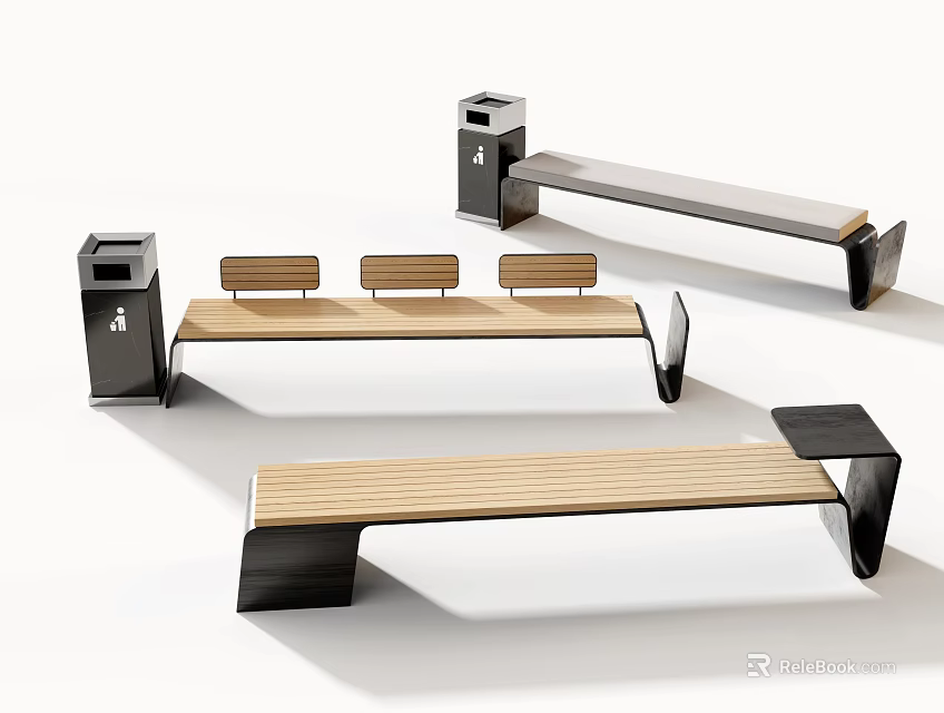Modern Landscape Benches With Wooden Seats Metal Frames And Trash Bins In Outdoor Spaces 3d model 
