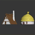 Traditional Small Architectural Models Featuring Round And Triangular Thatched Roofs With Stone Walls 3d model