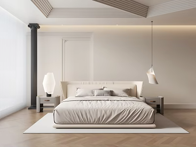 Modern Bedroom With Double Bed White Bedding Wooden Floor Bedside Tables And Table Lamps 3d model