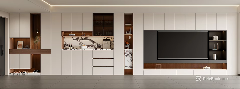 Modern TV Cabinet With White Wooden Design Marble Accent And Storage Drawers 3d model 