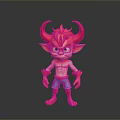 Red Skinned Horned Man With Orange Hair And Blue Shorts Standing On Gray Background