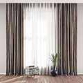 Gray Thick Curtains With White Sheer And Patterned Stool Black Vase Plant On Wooden Floor