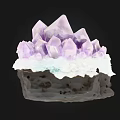 Purple Stone Crystal Cluster with Wooden Base and Reflection on Black Background