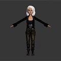 Woman With White Short Hair Black Skull Top Brown Pants Black Boots In Gray Background