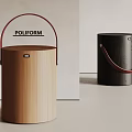 Cylindrical Wooden and Black Side Tables with Red Handles for Living Room Decor