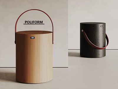 Cylindrical Wooden and Black Side Tables with Red Handles for Living Room Decor 3d model
