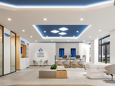 Modern Bank Interior Design With Service Counters Digital Screens Seating Areas And Stylish Lighting Fixtures 3d model