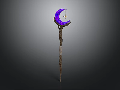 Purple Crescent Moon Staff with Star Decoration and Wooden Shaft Design 3d model