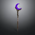 Purple Crescent Moon Staff with Star Decoration and Wooden Shaft Design