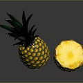 Fresh Ripe Pineapple With Green Leafy Top Whole And Half Cut Juicy Flesh