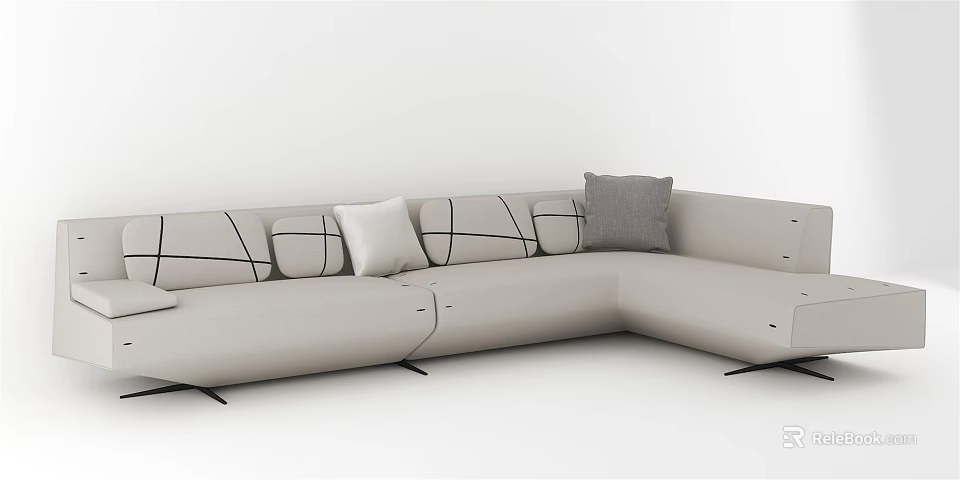 Modern L Shaped Sectional Sofa With Light Gray Upholstery And Throw Pillows 3d model
