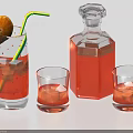 Beverage In Glass With Red Liquid Straw Orange Slice Glass Bottle And Small Glasses