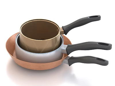 Stacked Kitchen Cookware Set Of Three Pots With Black Handles And Shiny Colors 3d model