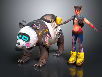 Tattooed Character With Yellow Boots Standing By Decorated Bear With Blue Eyes And Stickers 3d model