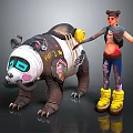 Tattooed Character With Yellow Boots Standing By Decorated Bear With Blue Eyes And Stickers