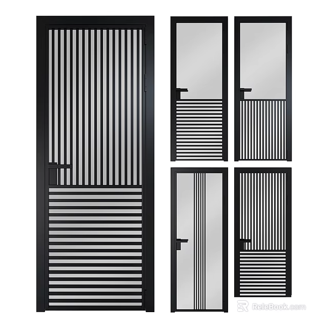 Modern Vertical Striped Swing Doors With Glass Panels And Black Frames 3d model
