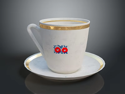 White Ceramic Cup With Gold Rim And Red Blue Floral Pattern On Saucer 3d model