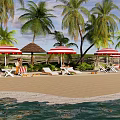 Tropical Beach Scene With Palm Trees Red White Striped Umbrellas Deck Chairs And Strolling People