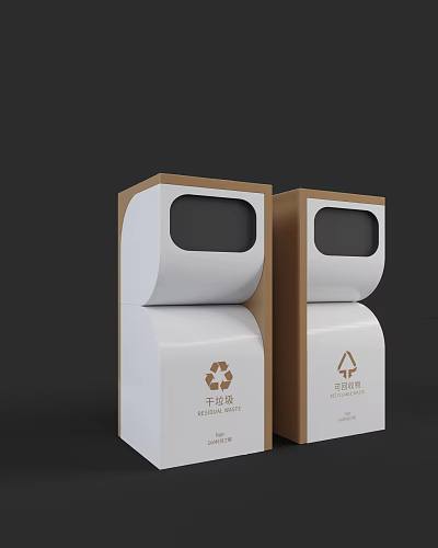 Modern Recyclable and Residual Waste Trash Bins with White Brown Design and Recycling Logo 3d model