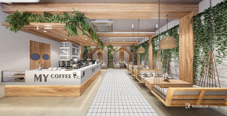 Modern Coffee Shop Interior With Wooden Elements Green Plants And White Tile Floor 3d model 