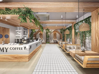 Modern Coffee Shop Interior With Wooden Elements Green Plants And White Tile Floor 3d model