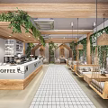 Modern Coffee Shop Interior With Wooden Elements Green Plants And White Tile Floor