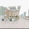 Spacious Bright Cafeteria Interior With Wooden Structures Ceiling Fans And Hanging Lights