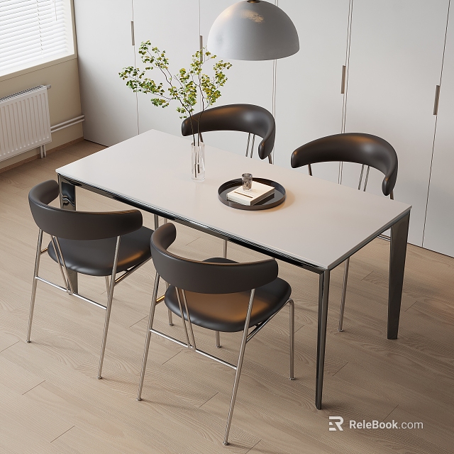 Modern White Dining Table Set With Black Leather Chairs Metal Legs Vase Greenery And Tray 3d model 