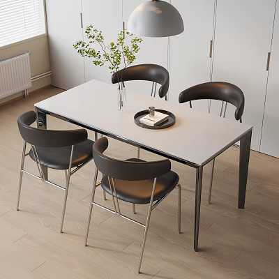Modern White Dining Table Set With Black Leather Chairs Metal Legs Vase Greenery And Tray 3d model