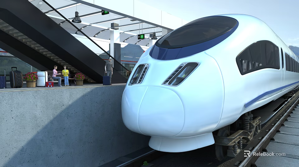 Modern High Speed Train With Streamlined Front At Platform With Passengers 3d model 
