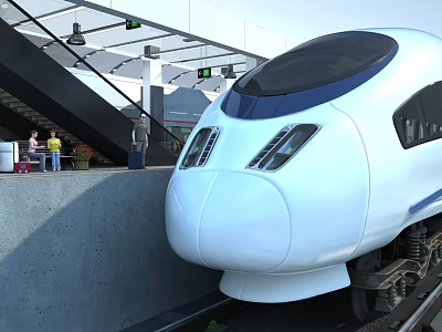 Modern High Speed Train With Streamlined Front At Platform With Passengers 3d model