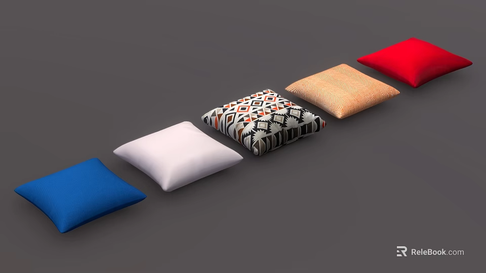 Colorful Decorative Cushions Arranged With Blue White Geometric Pattern Beige Red On Grey Background 3d model 