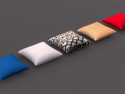 Colorful Decorative Cushions Arranged With Blue White Geometric Pattern Beige Red On Grey Background 3d model