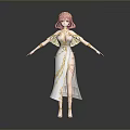 Cute Child With Pink Hair Wearing White Dress And Golden Details In Standing Pose