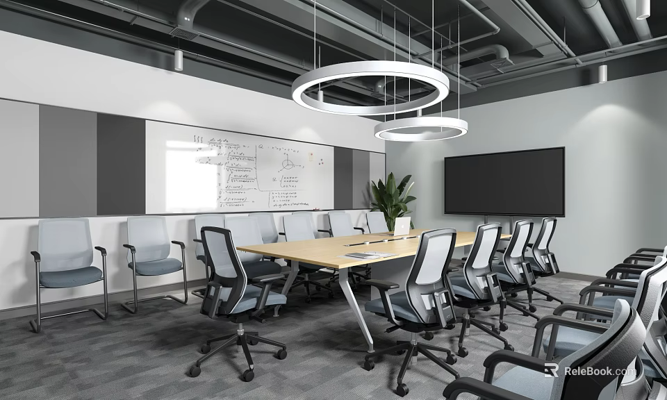 Modern Conference Room With Rectangular Table Ergonomic Chairs Whiteboard Pendant Lights And Potted Plant 3d model 