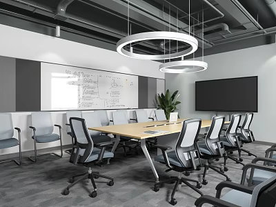 Modern Conference Room With Rectangular Table Ergonomic Chairs Whiteboard Pendant Lights And Potted Plant 3d model
